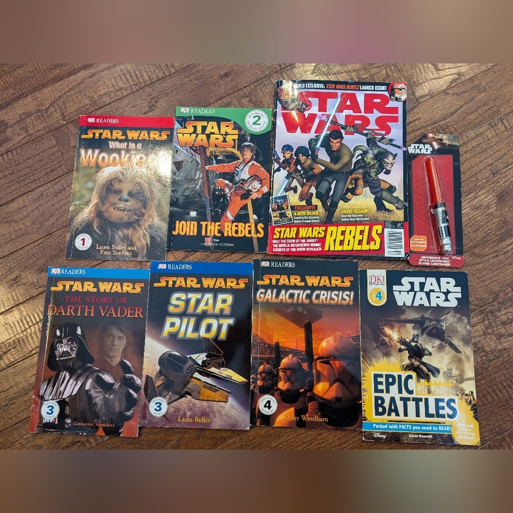 Star wars bundle, six books, one magazine and a lightsaber pen